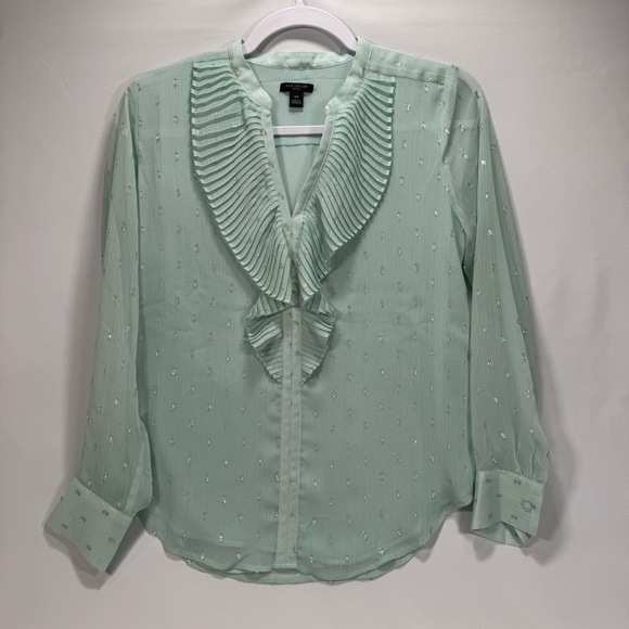 Ann Taylor Women's Petite Shimmer Clip Dot Pleated Ruffle Blouse XS XSP Shirt - Picture 3 of 8